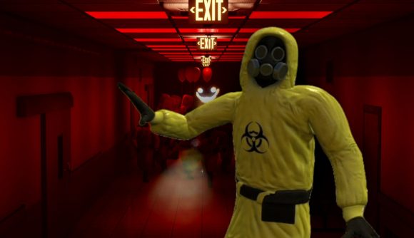 Character from Escape the Backrooms in his hazmat suit, with a spooky corridor from the game behind