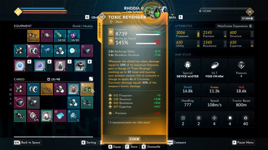 Everspace 2 - A screenshot of the game's equipment and crafting menus, showing gear being made and prepared for use on the player's ship.