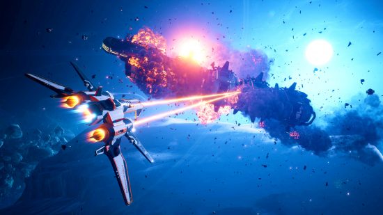 Everspace 2 - A ship fires twin lasers into a giant space station as it explodes.