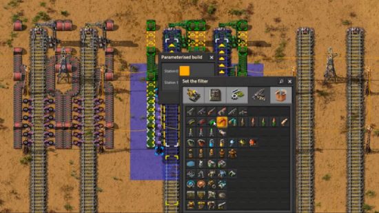 Factorio Parameterized Blueprints - The player sets up a series of train unloading stations using the new customizable building tool.