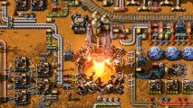 10/10 Steam management sim Factorio adds new tool previously considered "too hardcore" - A rocket ship takes off from the center of a large production facility.