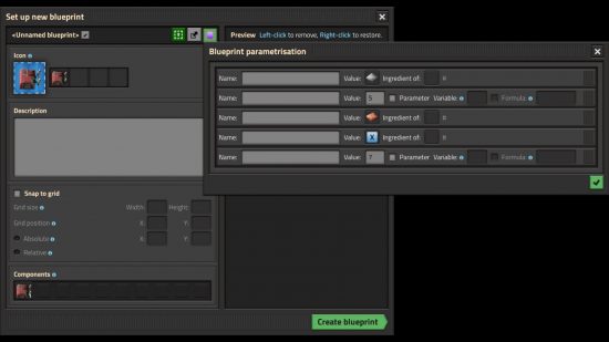 Factorio Parameterized Blueprints – Setup-Menü für das neue Tool, das es dem Spieler ermöglicht, bestimmte Parameter zu bestimmen, die sich auf den resultierenden Build auswirken.