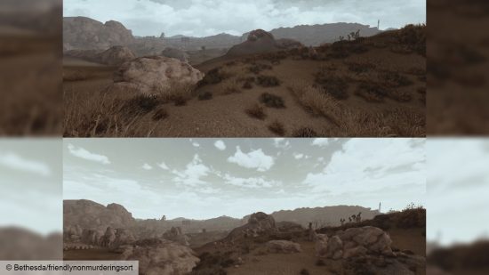 Mojave-Landschaften der Fallout New Vegas-Mod: eine Vorher- und Nachher-Aufnahme der Mod