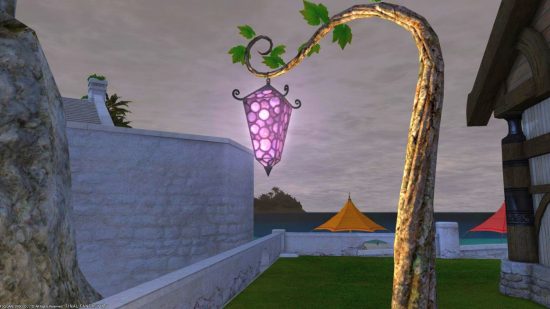 FF14 grape lamppost: a purple stained glass lamp hanging from a curved tree with a couple of green leaves coming off it