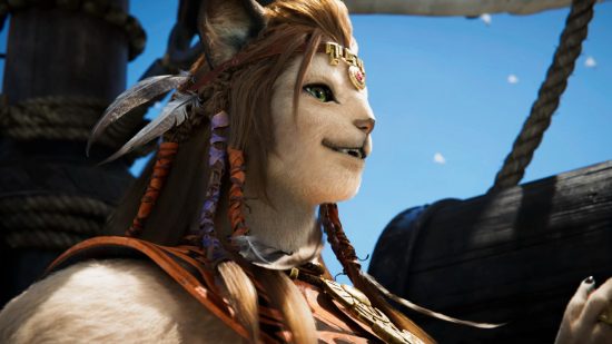FF14 Dawntrail female Hrothgar - the new playable race introduced with the expansion, a large, strong, cat-like humanoid with large ears, fangs, and a flat nose. Fur covers their bodies, but they also have hair atop their head.