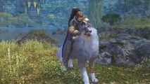 FF14 FF16 crossover date: a man in fantasy armor riding and petting a giant wolf dog that's just happy to be there