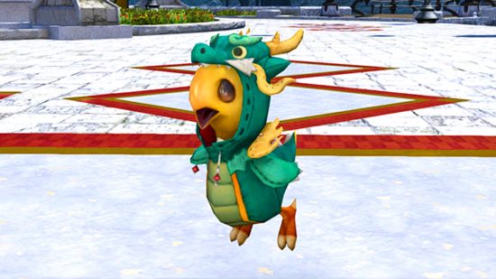 FF14 Heavensturn 2024 rewards - A small, flying chocobo chick wearing a green dragon onesie.