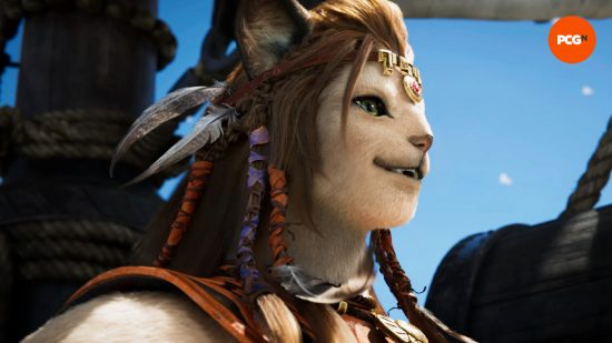 FF14 patch 6.55 - The new female Hrothgar character introduced in the FFXIV Dawntrail trailer, a cat-like woman with long brown hair and off-white fur.