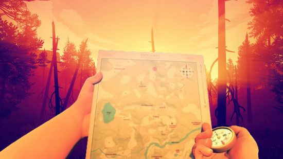 Firewatch Steam sale: A man checks a map and compass in indie game FIrewatch