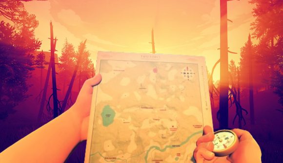Firewatch Steam sale: A man checks a map and compass in indie game FIrewatch