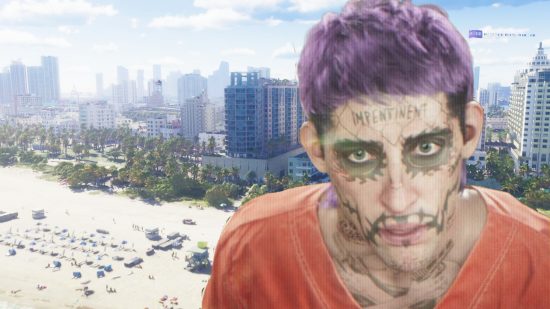 A purple-haired man with tattoos on his face and wearing a yellow prison-style jumpsuit.