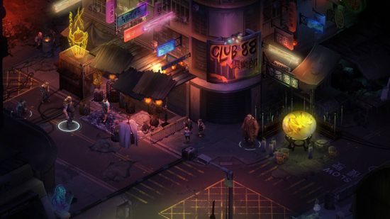 Games like BG3: the party stood outside Club 88 as the bouncers keep them out in Shadowrun Hong Kong.