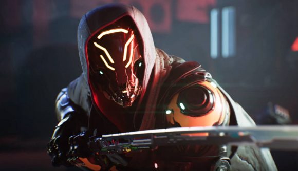 2023's secret Game of the Year is finally available for cheap: A cybernetic ninja character with glowing lights on his face, wearing a hood braces a katana and gets ready to rush forward