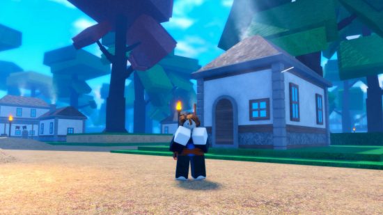Grimoires Era codes: a Roblox man standing in a village readying his hands for a fight.