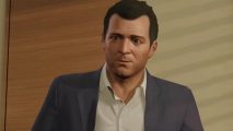 GTA 5 AI Michael: a middle age man with short brown hair and a grey suit jacket and open white shirt