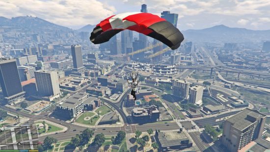GTA 5 mods: The Just Cause 2 Eject + Parachute Thrusters mod.