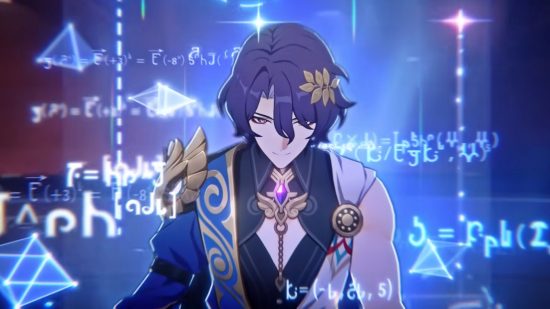 Honkai Star Rail tier list: Dr. Ratio smirks at the viewer as mathematical equations dance around him, illuminated in an eerie blue glow.