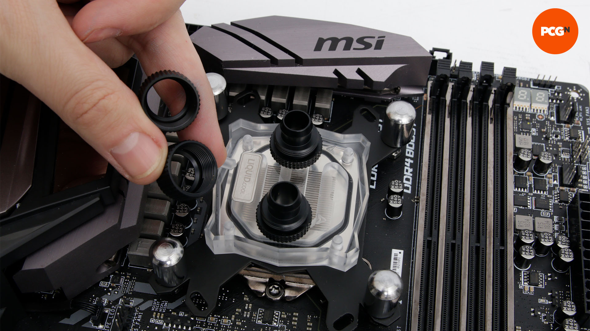 How to water cool your PC: CPU waterblock with compression fittings unscrewed