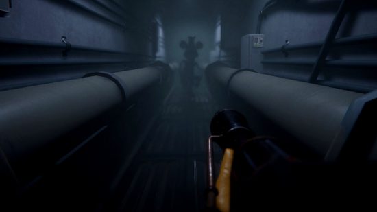 A silhouette of Steamboat Willie stands at the end of a corridor in horror game Infestation 88, as the player aims a weapon at the threat.