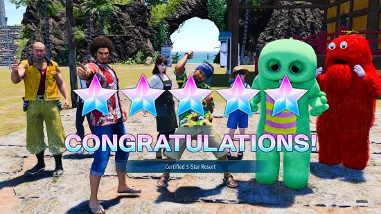 A group of characters celebrate as the Infinite Wealth Dondoko Island star-rating reaches five stars.