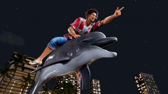 A Dragon Gaiden Infinite Wealth character rides a dolphin in Dondoko Island.