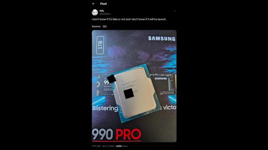 An X (formerly Twitter) post, containing an alleged photograph of an Intel Core i9 14900KS processor