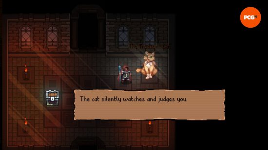 Ins Necrovale – Eine Gestalt mit roter Kapuze steht neben einer riesigen, sitzenden Katze.  Eine Textaufforderung lautet: 