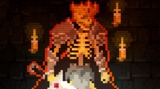 Into the Necrovale - A skeleton wearing a crown and long cape, holding a sword with a ruby embedded into the hilt. They are surrounded by candles on the floor.