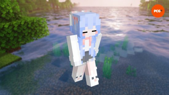 A kawaii Minecraft skin featuring a girl with long, pale blue hair and a cute facial pose.