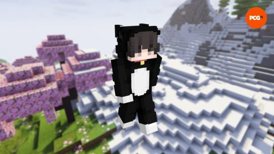 A kawaii Minecraft skin of a cat boy, wearing a black cat suit, complete with ears and a red collar.