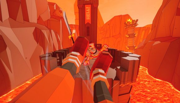 Kick Bastards Steam: a first-person look at someone jump kicking a skeleton in Hell
