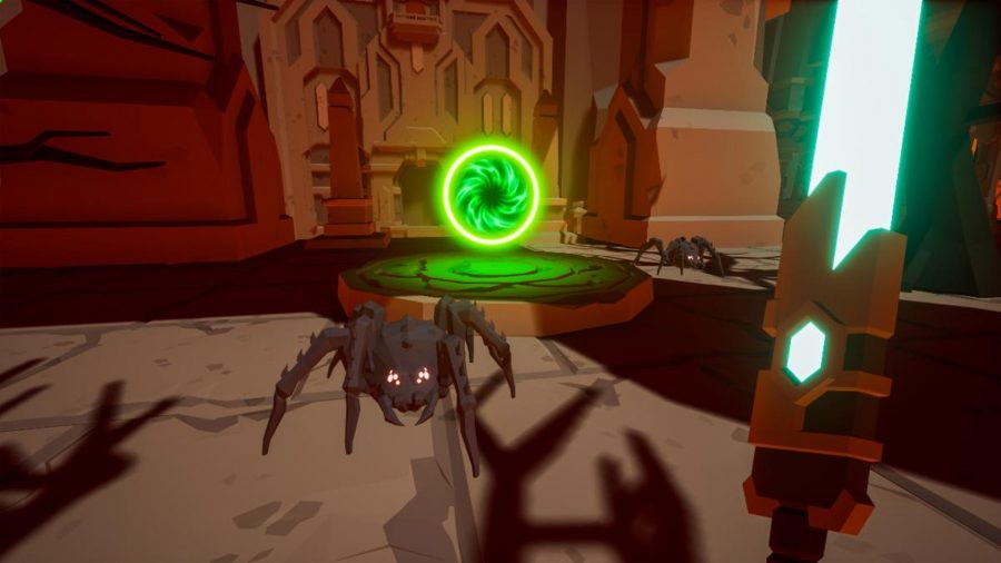 A spider coming towards the player while a green portal glows in the background.