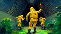 Cover image from the FPS game Kvark on Steam, featuring three characters in hazmat suits running through a tunnel