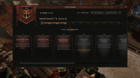 Last Epoch trade and item factions - Rank bonuses for the Merchant's Guide, which allows player trading through a bazaar.