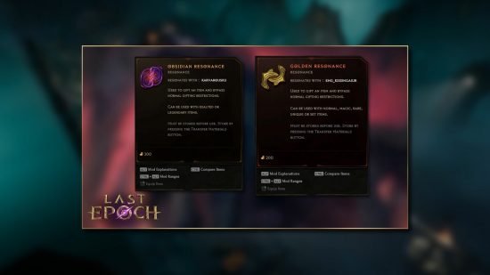 Last Epoch trade and item factions - Resonances, special items that allow you to gift other items to a player you've spent enough time playing with.