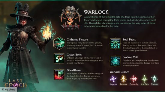 Last Epoch - A graphic showing the core skills and curses for the new class mastery in the Diablo 4 rival RPG.