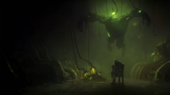 A dark underground area filled with green smog, where a huge beast hangs from the ceiling being injected with glowing green liquid, and a man sits on a chair watching