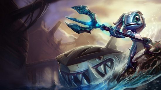 League of Legends tier list: a small, fish-like humanoid stands atop a mechanical shark, holding a trident.