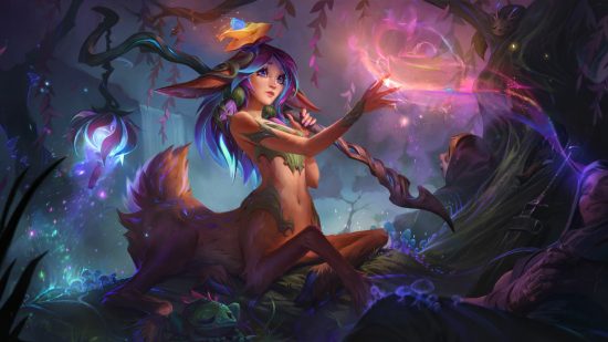 League of Legends tier list: a half-deer-half-woman walks around a forest.