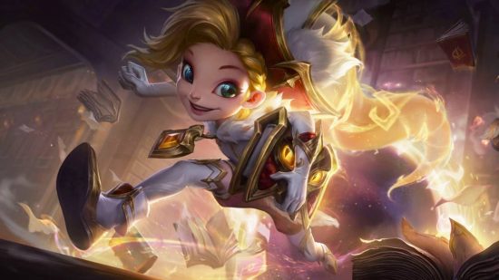 Delete "Disneyland" champions, League of Legends icon says: A cute little girl with blonde hair wearing a white outfit carrying a book under her arm runs with glittering trails behind her
