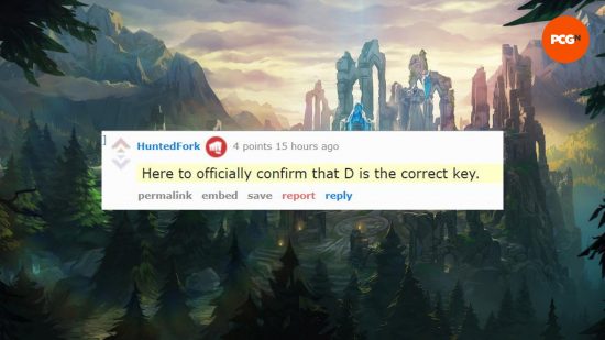 A Reddit comment from a Riot Games developer confirming that the 'D' key is used for the 'flash' summoner spell