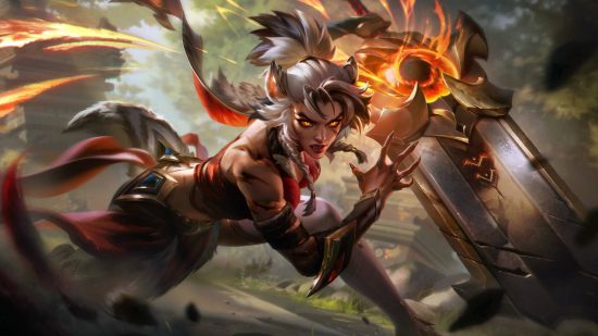 A woman with white hair in a ponytail holding a huge sword rushes at the camera in a forest area