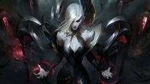 The League of Legends Season 14 cinematic is exactly what I needed: A pale woman with white hair and a pointed mask covering half of her face stands with open arms conjuring deep red magic as her wings fan behind her