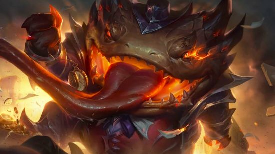 Riot is "heavy" nerfing League of Legends' OP support item combo: A huge monster with glowing red eyes lashes is tongue at the camera menacingly