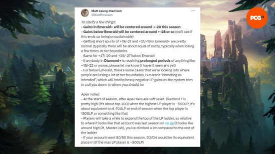 A comment from League of Legends' lead game designer discussing the ranked system in LoL Season 14