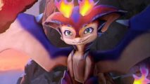 A cute little red dragon with purple trims on its scales sits smiling mischievously as two little firey horns burn on its head
