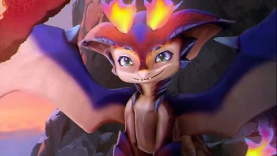 A cute little red dragon with purple trims on its scales sits smiling mischievously as two little firey horns burn on its head