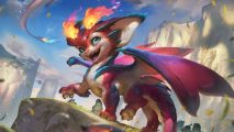 Riot responds to allegations over League of Legends Smolder animation: A cute dragon with red scales, blue trims, and flaming horns smiles cheekily into the camera in a mountain area