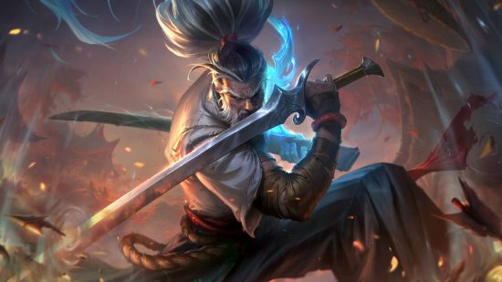 An older man with white hair tied back in a ponytail crouches with a katana across his dace defensively, blocking incoming arrows