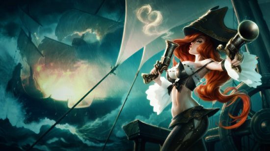 League of Legends tier list: a woman with bright red hair dressed in pirate garb, holding two pistols.